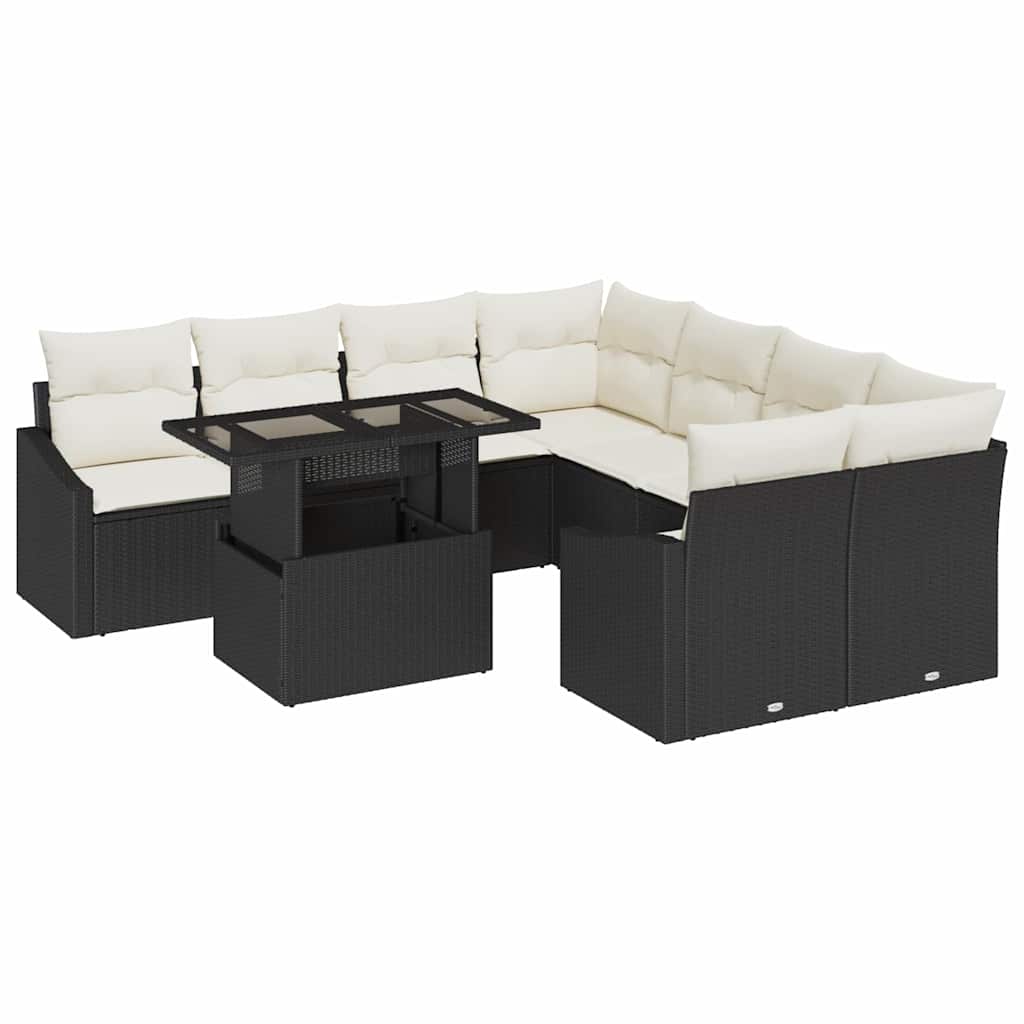 Garten-Sofa-Set mit Speicher 9 pcs Schwarz Poly Rattan